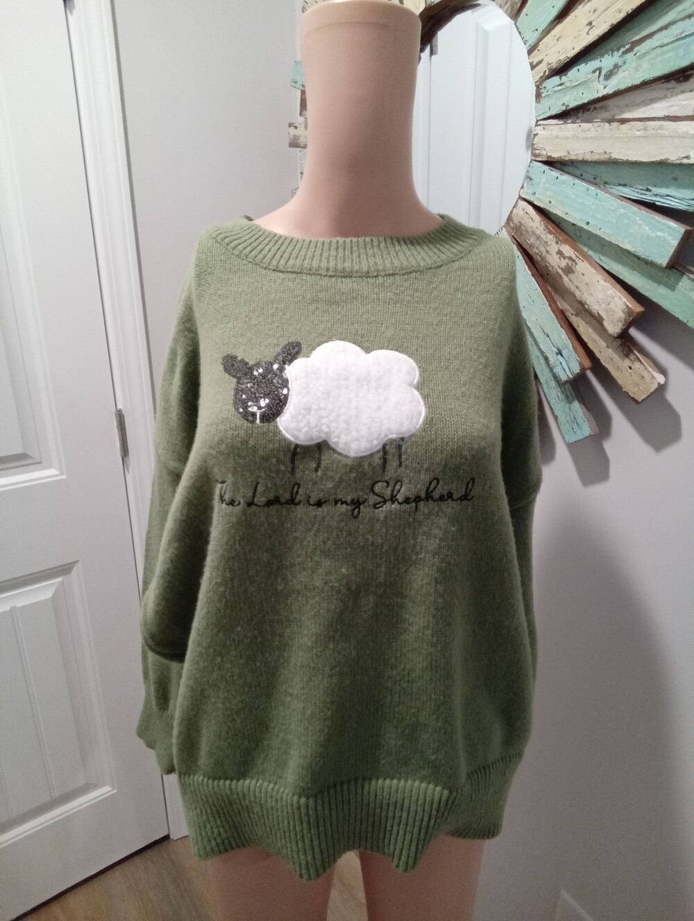 Love In Faith Sz L Green Sheep The Lord is My Shepard Knit Crew Neck Sweater